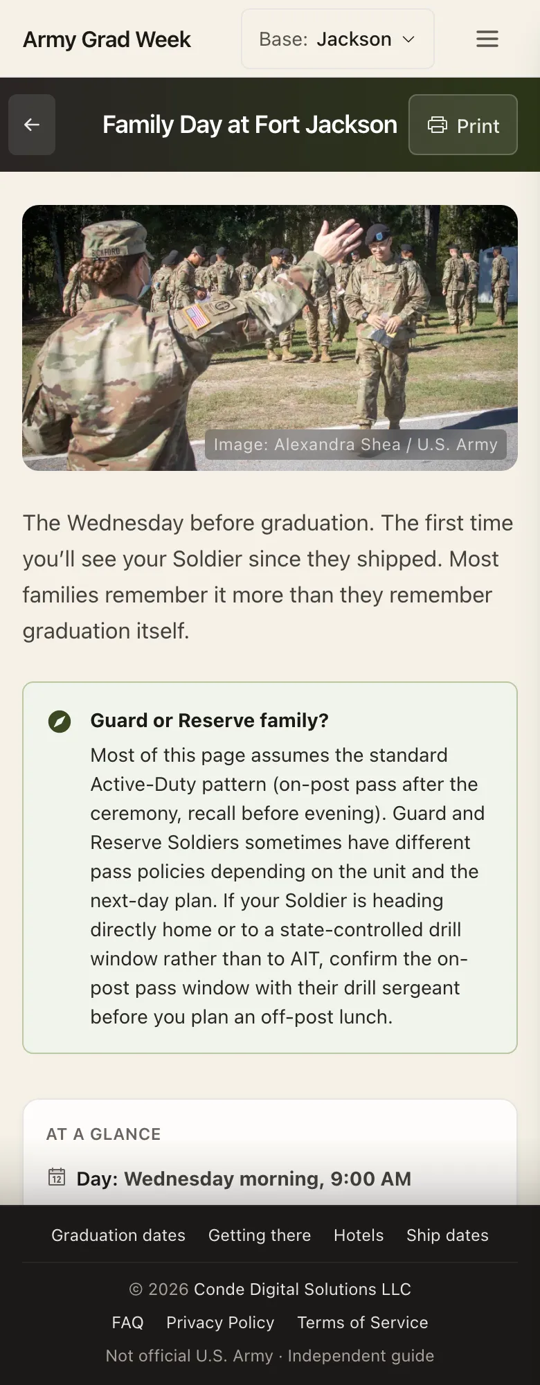 Army Grad Week - Family Day gets the same weight as the ceremony. It's the first time families see their Soldier since ship day, so the guide spells out the Guard and Reserve pass rules, including the exceptions to the standard Active Duty pattern.