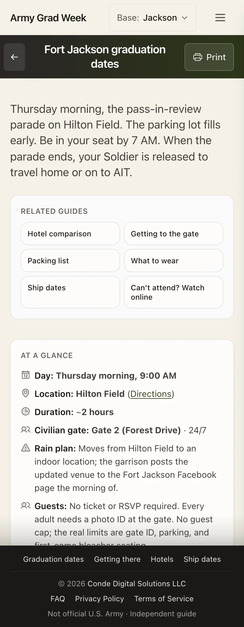 Army Grad Week - Graduation morning at a glance: parade time, gate, duration, rain plan, and guest rules. The answers a family needs at 7 AM on Thursday.