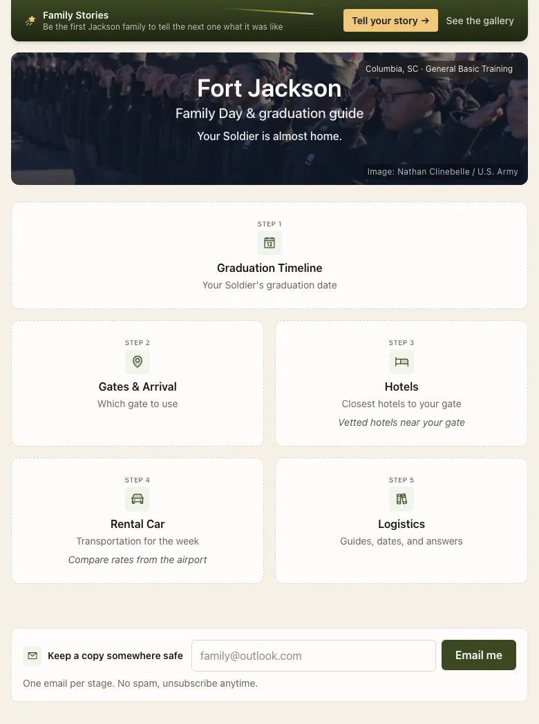 Army Grad Week - Open a post and a Family Stories banner leads into five steps: timeline, gates and arrival, hotels, rental car, and logistics. The same guided flow renders for all four installations from a single base switcher.