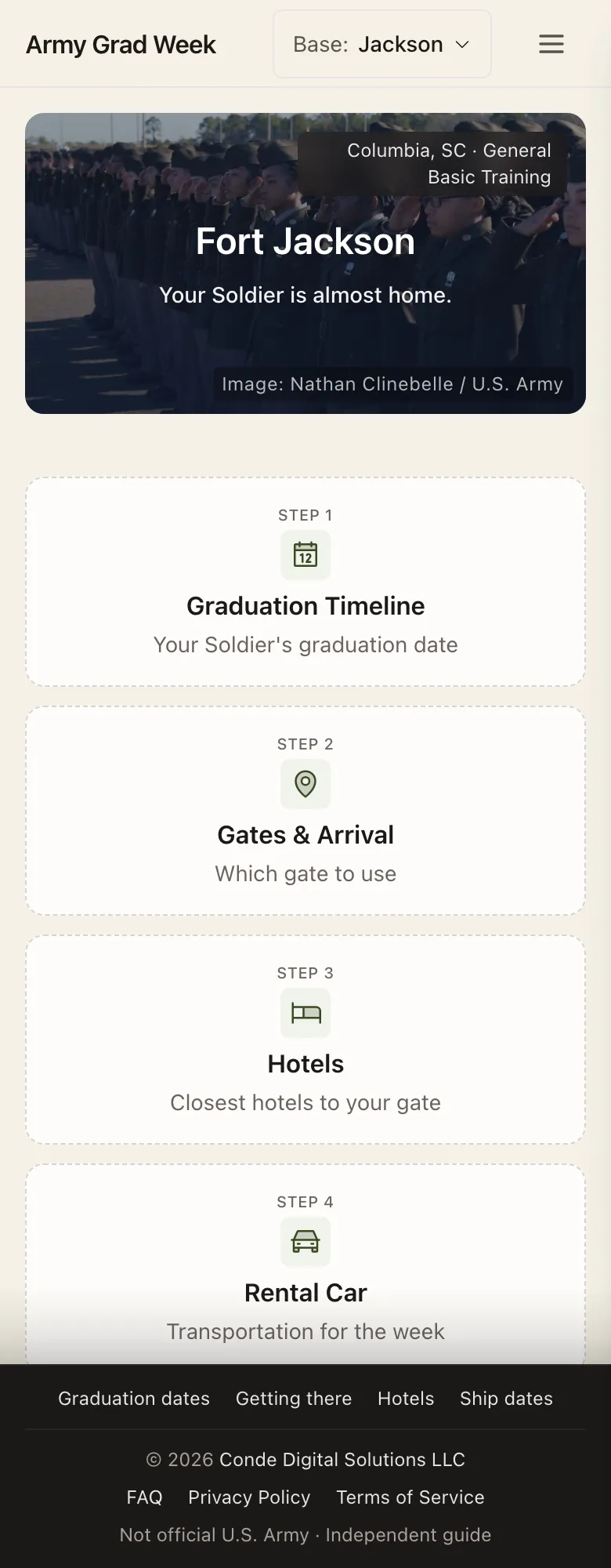 Army Grad Week - Open a post and graduation week lays out in steps: timeline, gates and arrival, hotels, and a rental car recommendation. The same guided flow renders for all four installations from a single base switcher.