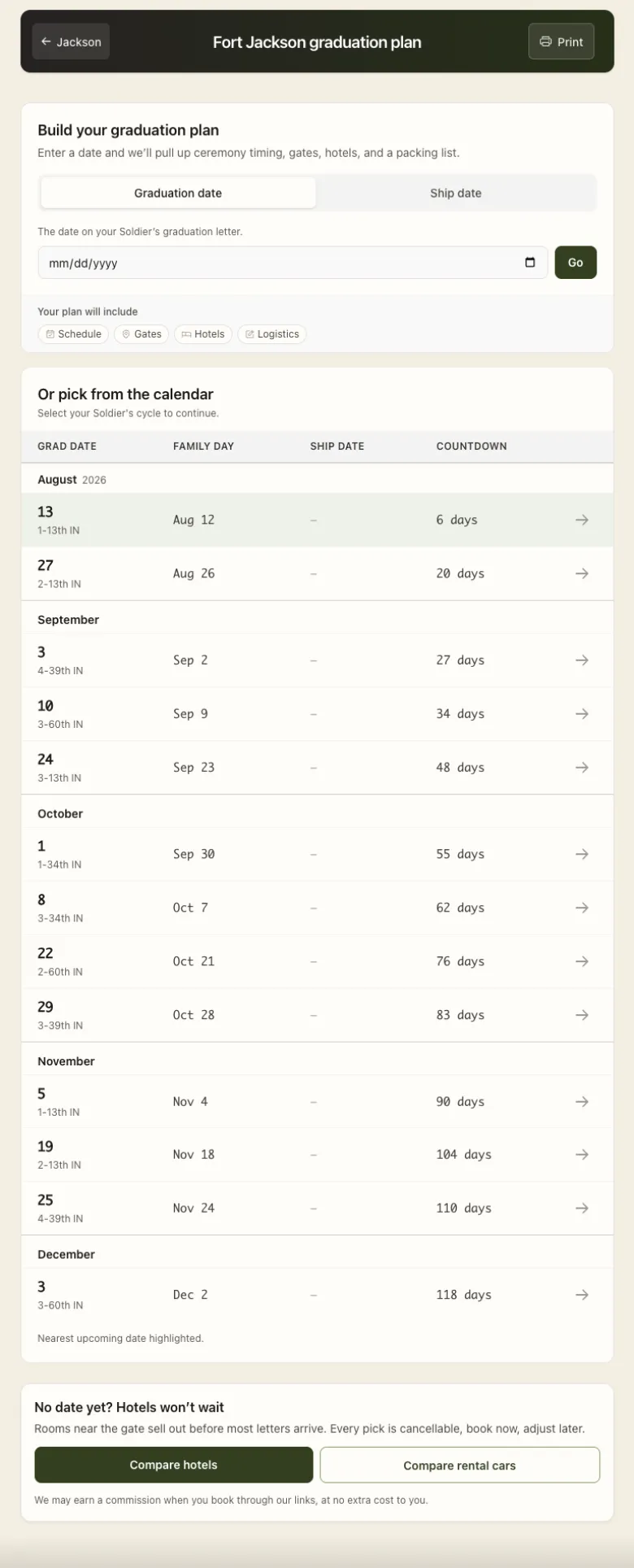 Army Grad Week - The one-input planning model from BMT Grad Week, ported here. Enter one date and the plan derives ceremony timing, gates, hotels, and a packing list, or pick a cycle straight from the calendar, which lists ship date alongside grad date and Family Day.