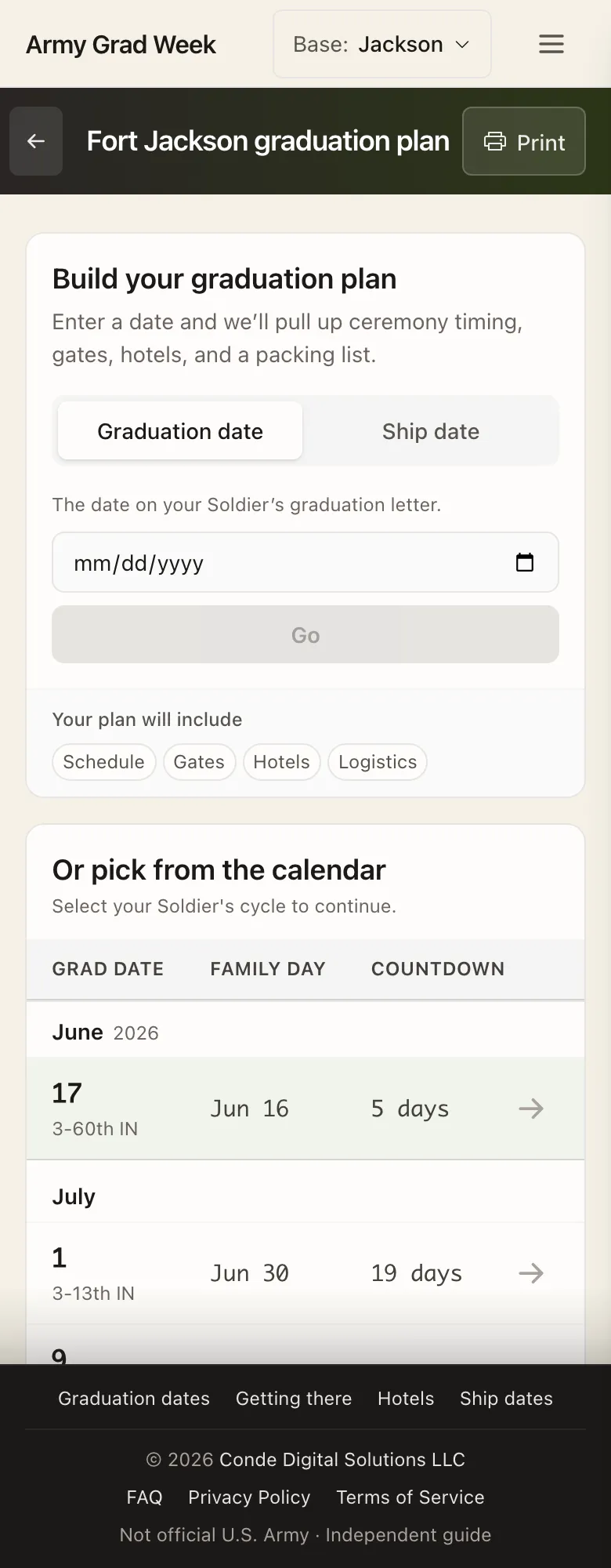 Army Grad Week - The one-input planning model from BMT Grad Week, ported here. Enter one date and the plan derives the rest: ceremony timing, gate schedule, hotels, and a packing list. Nothing manually assembled.