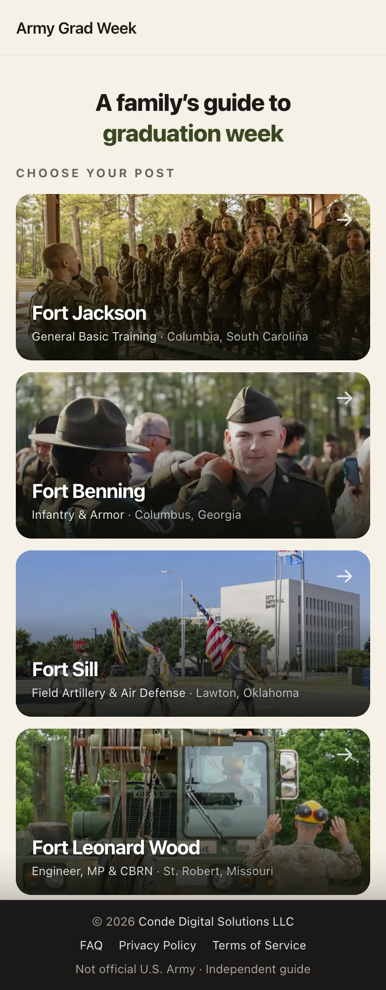 Army Grad Week - Choose your post. Fort Jackson, Benning, Sill, and Leonard Wood all run from the same data model: schedules, base access rules, and lodging generated per installation.