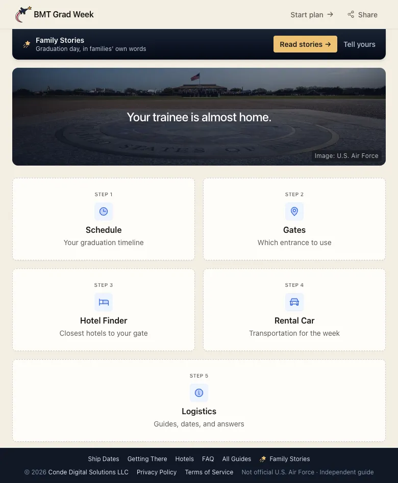 BMT Grad Week - The home page opens with a Family Stories banner, then the five things every family works through: schedule, gates, hotel finder, rental car, and logistics. Each one is a tap into the guide.