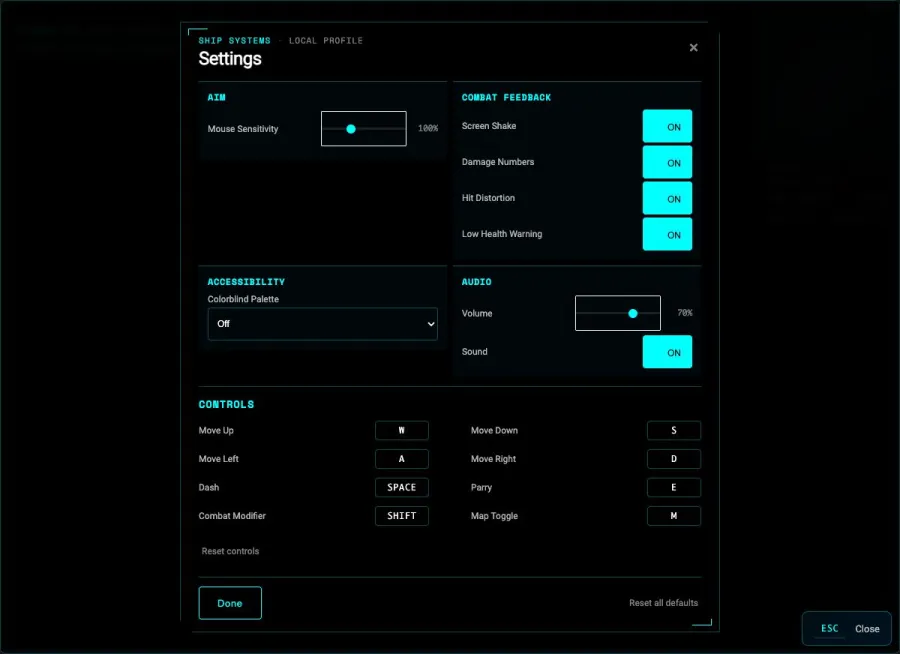 The local ship-systems profile groups aim sensitivity, persistent audio, hit distortion, damage numbers, low-health warnings, colorblind palettes, and complete keyboard rebinding into a dense calibration console.